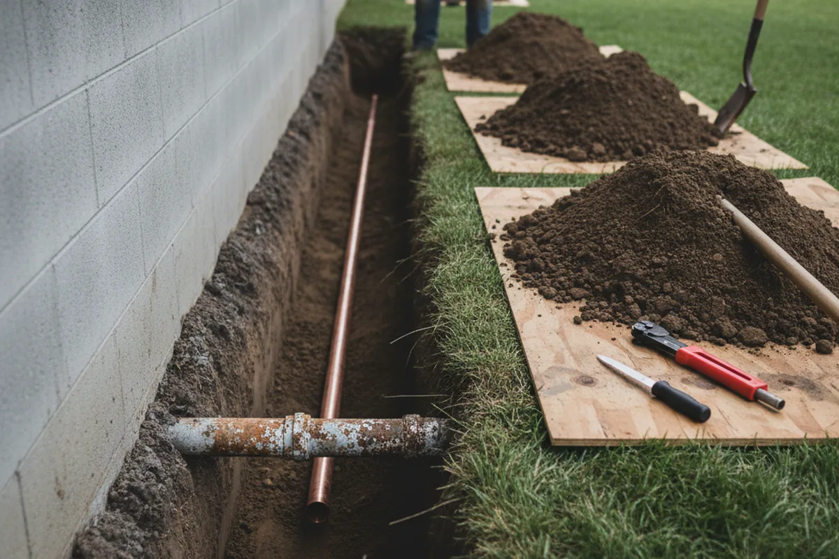 Excavated water line trench during Water Heater Repair in Calcium